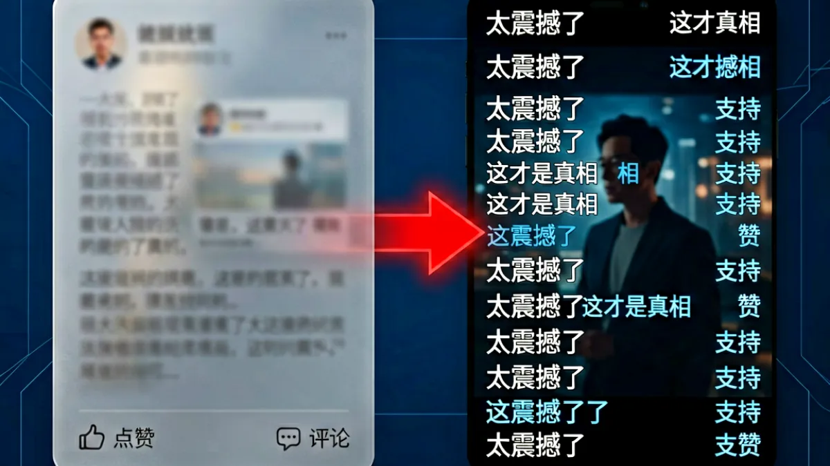 公交车上被C梗的起源画面示意，展示网络论坛截图与弹幕讨论热度飙升的对比场景