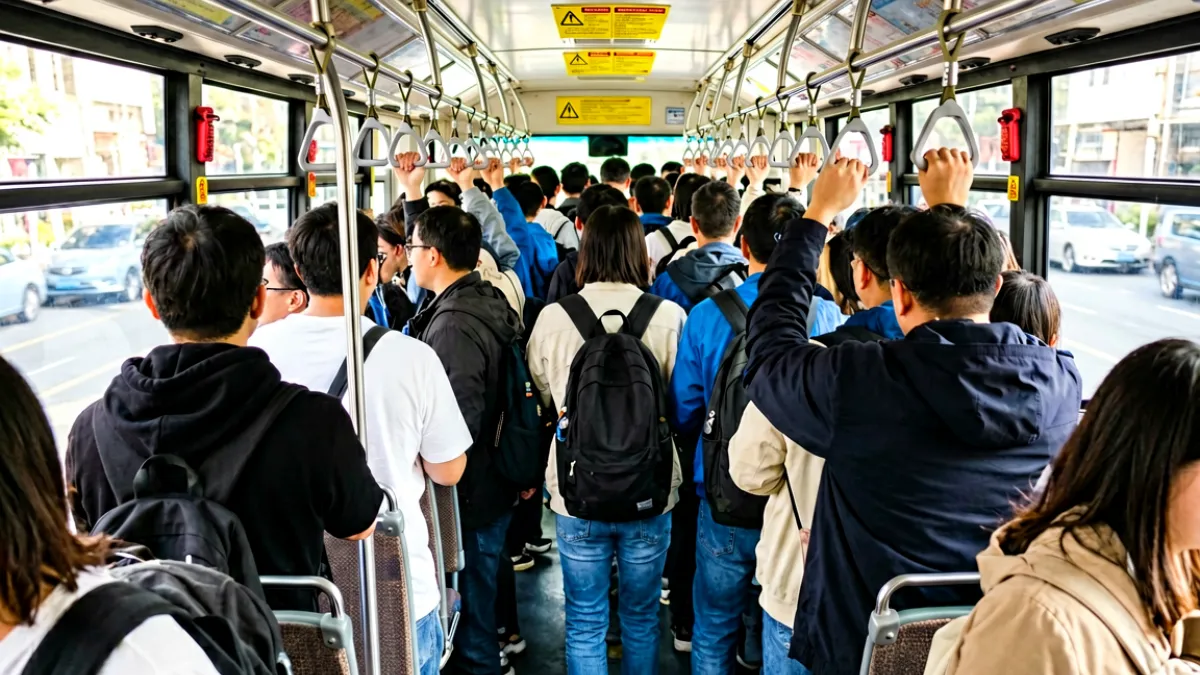 拥挤的城市公交车厢内乘客紧密站立，窗外是清晨的街道，画面呈现早高峰典型场景