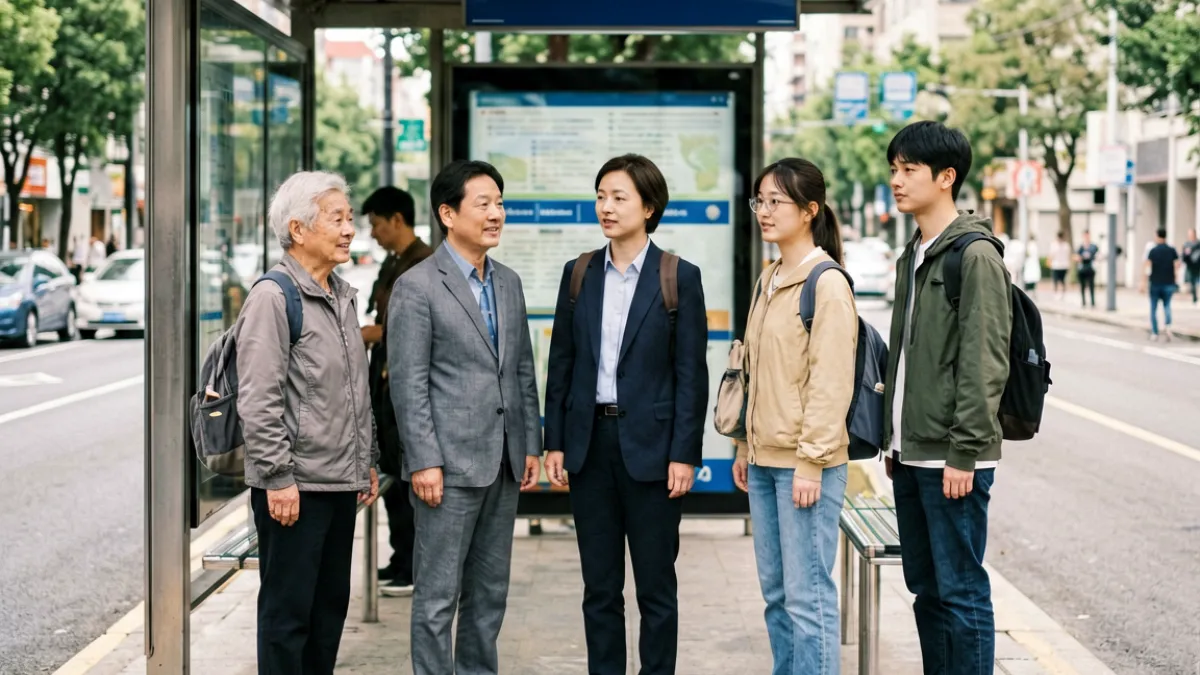 公交车上被C - 不同年龄层的市民在公交站台等车，老中青三代人同框，展现公共交通的普世性