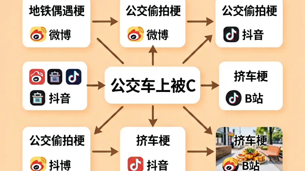 以信息图形式展示公交车上被C与多个同类网络梗在平台分布和受众圈层上的横向对比示意图